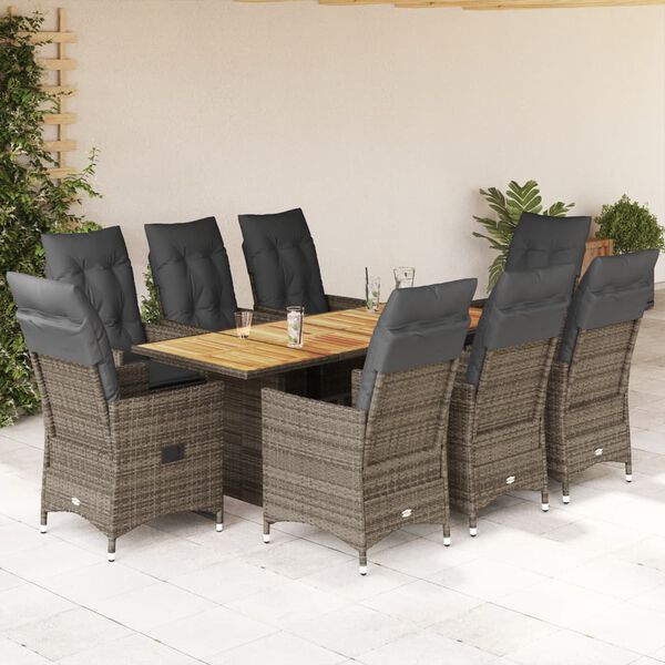 vidaXL 9 Piece Garden Dining Set with Cushions Grey Poly Rattan