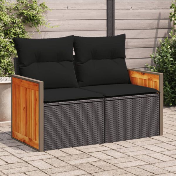 vidaXL Garden Sofa with Cushions 2-Seater Black Poly Rattan