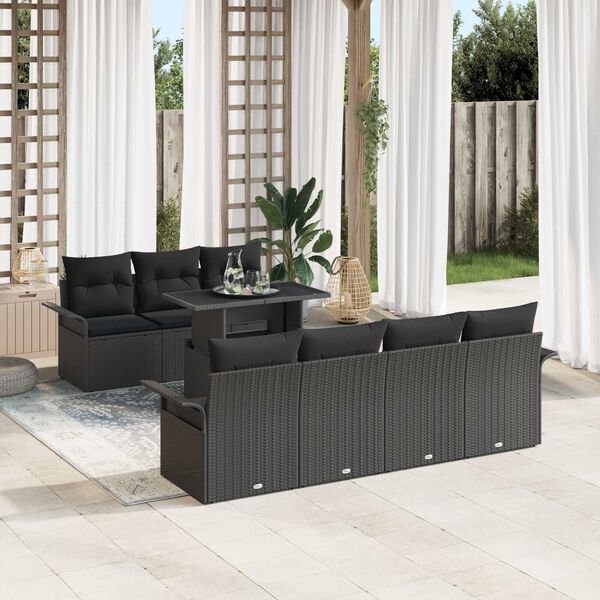 vidaXL Garden Sofa Set with Cushion 8 pcs Black Poly Rattan