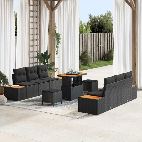vidaXL Garden Sofa Set with Cushion 9 pcs Black Poly rattan