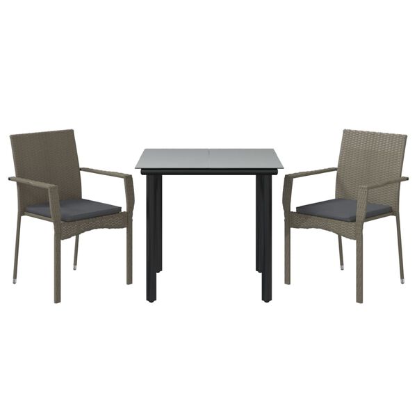 vidaXL 3 Piece Garden Dining Set with Cushions Black and Grey Poly Rattan