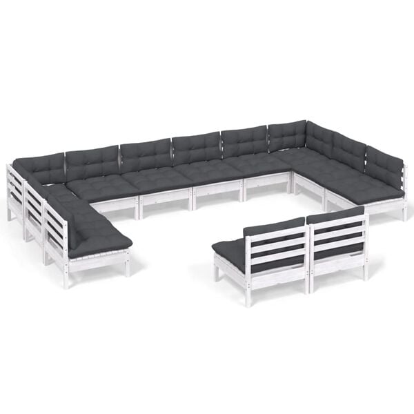 vidaXL 12 Piece Garden Lounge Set with Cushions White Solid Pinewood
