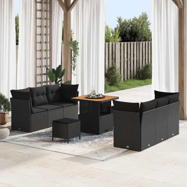 vidaXL Garden Sofa Set Height-Adjustable 9 pcs Black Poly Rattan