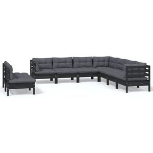vidaXL 9 Piece Garden Lounge Set with Cushions Black Solid Pinewood