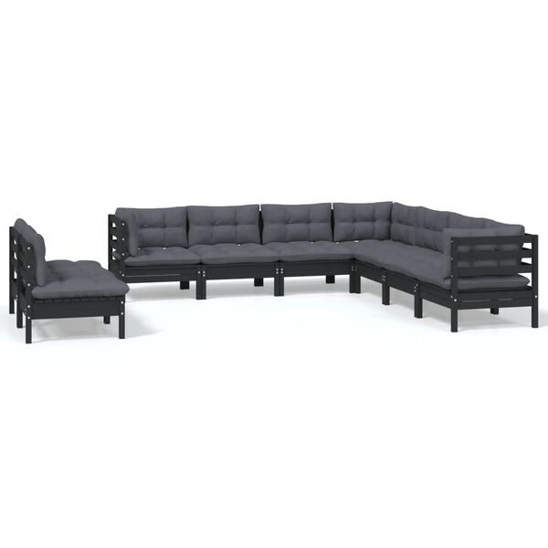 vidaXL 9 Piece Garden Lounge Set with Cushions Black Solid Pinewood
