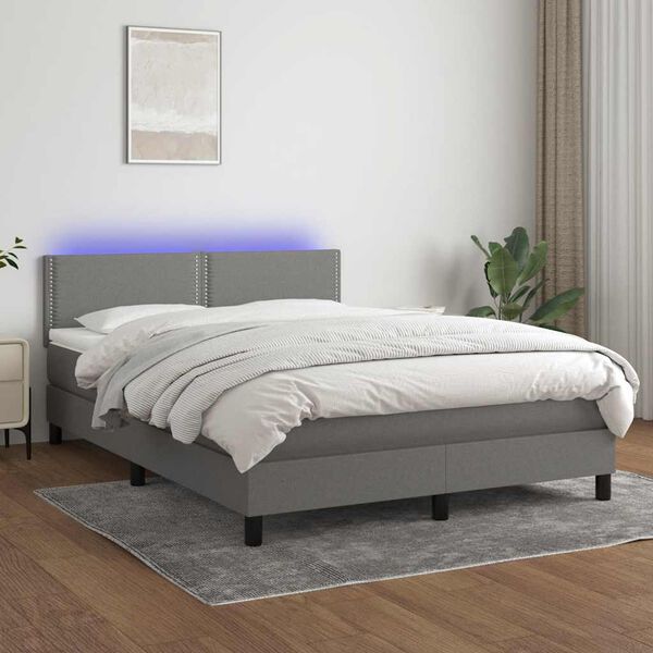 vidaXL Box Spring Bed with Mattress&LED Dark Grey 137x187 cm Double Size Fabric