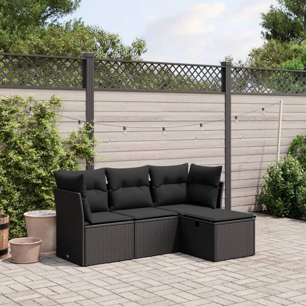 vidaXL 4 Piece Garden Sofa Set with Cushions Black Poly Rattan