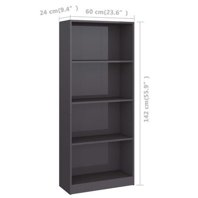 vidaXL 4-Tier Book Cabinet High Gloss Grey 60x24x142 cm Engineered Wood