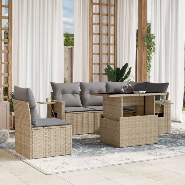 vidaXL 6 Piece Garden Sofa Set with Cushions Beige Poly Rattan