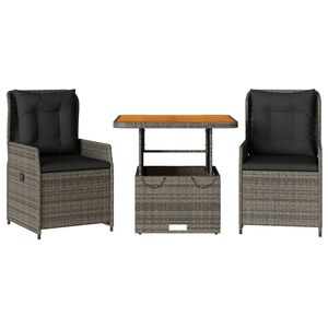 vidaXL 3 Piece Bistro Set with Cushions Grey Poly Rattan
