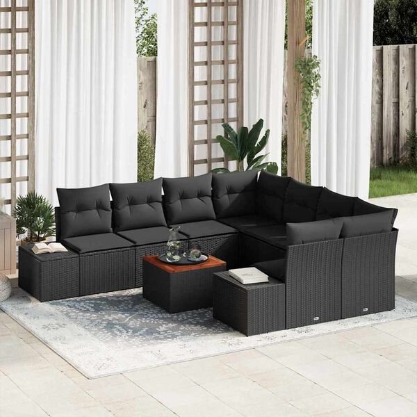 vidaXL Garden Sofa Set with Cushion 9 pcs Black Poly rattan