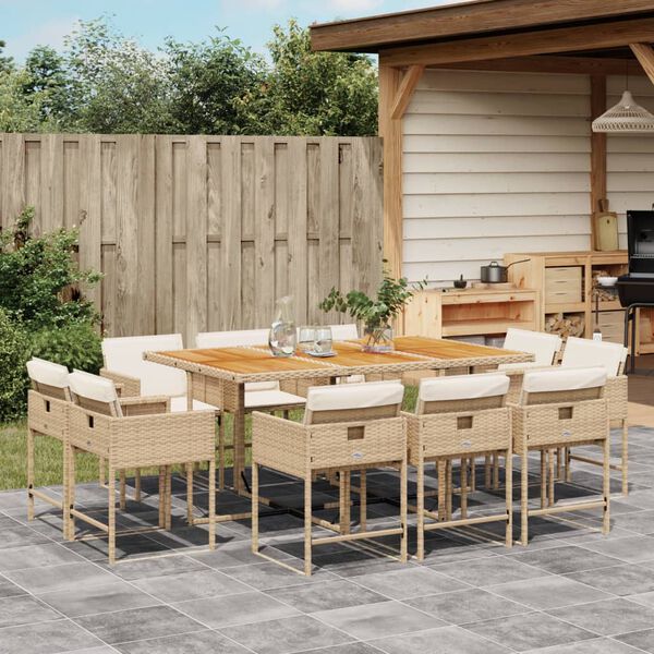 vidaXL 11 Piece Garden Dining Set with Cushions Beige Poly Rattan