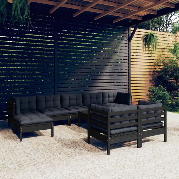vidaXL 10 Piece Garden Lounge Set with Cushions Black Solid Pinewood