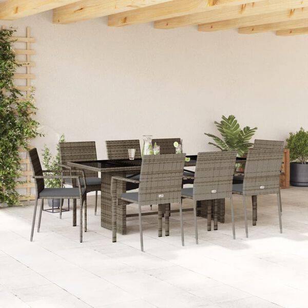 vidaXL 9 Piece Garden Dining Set with Cushions Grey Poly Rattan
