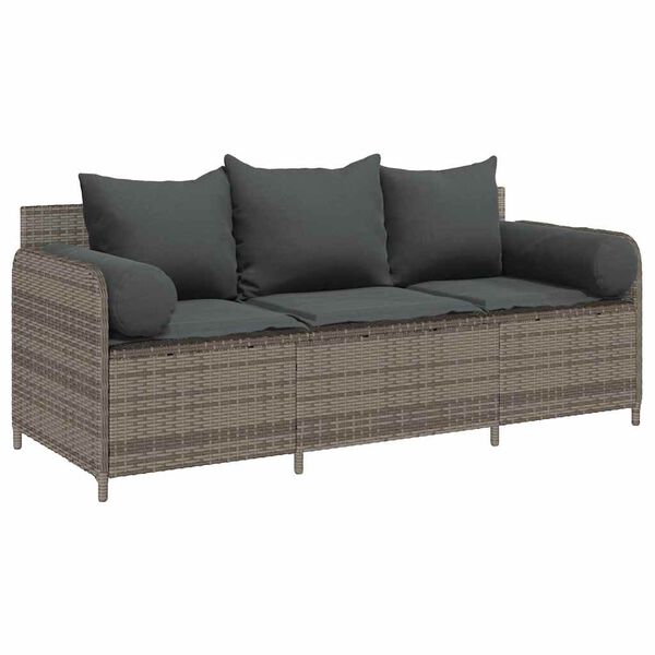 vidaXL Garden Sofa with Cushions 3-Seater Grey Poly Rattan
