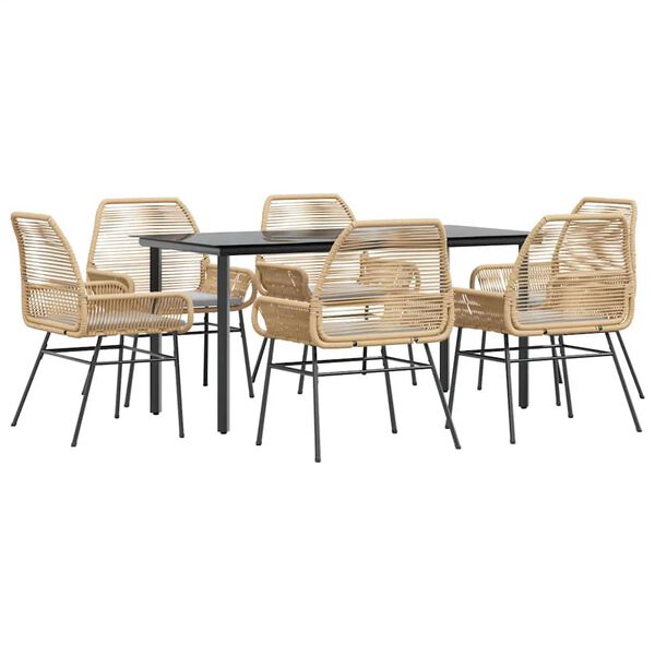 vidaXL 7 Piece Garden Dining Set with Cushions Brown Poly Rattan Glass