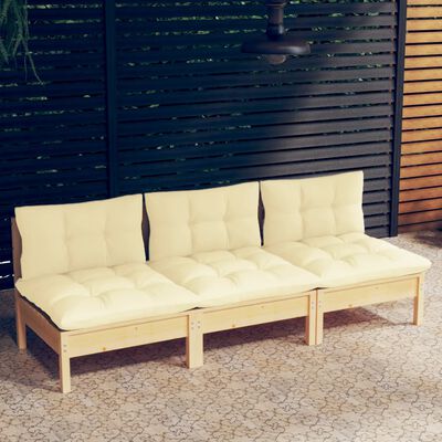 vidaXL 3-Seater Garden Sofa with Cream Cushions Solid Pinewood