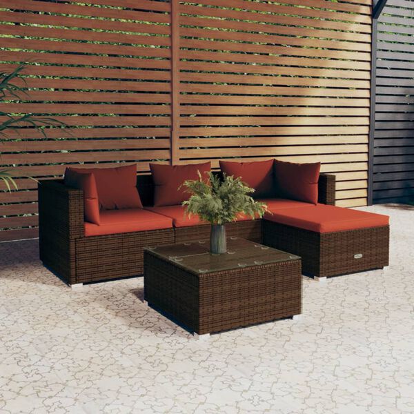 vidaXL 5 Piece Garden Lounge Set with Cushions Poly Rattan Brown