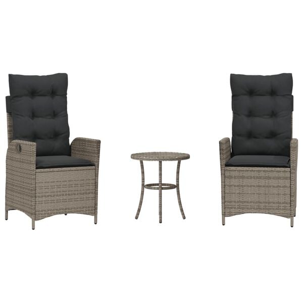 vidaXL 3 Piece Bistro Set with Cushions Grey Poly Rattan