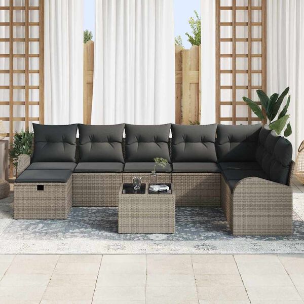 vidaXL Garden Sofa Set with Cushion 9 pcs Grey Poly rattan