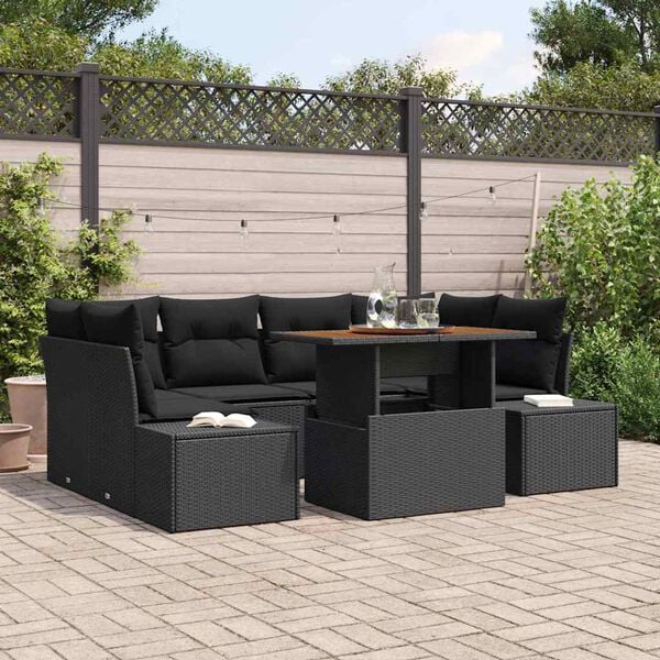 vidaXL Garden Sofa Set with Storage 7 pcs Black Poly rattan
