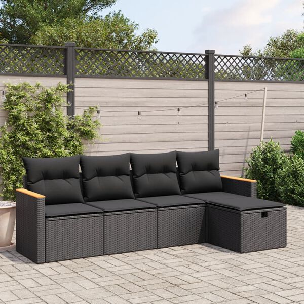 vidaXL 5 Piece Garden Sofa Set with Cushions Black Poly Rattan