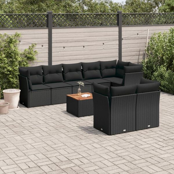 vidaXL 9 Piece Garden Sofa Set with Cushions Black Poly Rattan