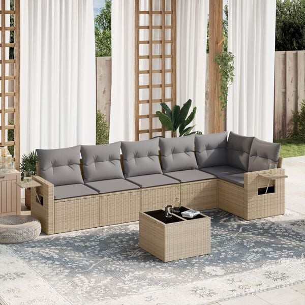 vidaXL 7 Piece Garden Sofa Set with Cushions Beige Poly Rattan