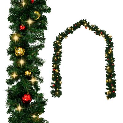 vidaXL Christmas Garland with Baubles and LED Lights Green 20 m PVC