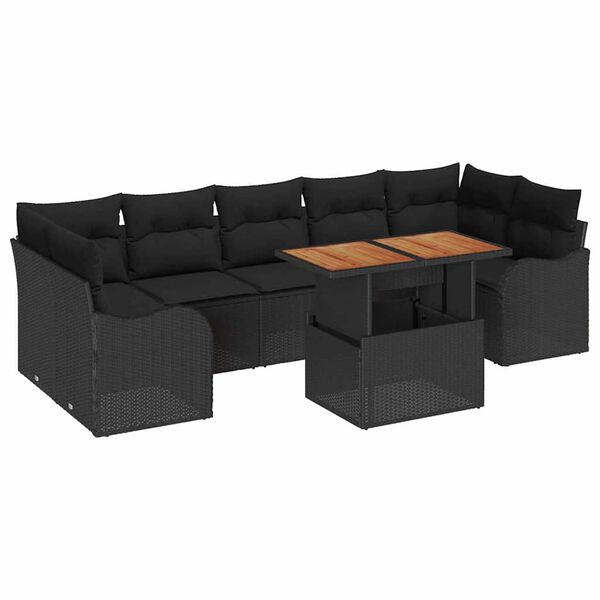 vidaXL Garden Sofa Set with Cushion 8 pcs Black Poly Rattan