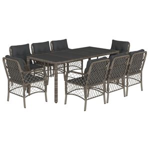vidaXL 9 Piece Garden Dining Set with Cushions Grey Poly Rattan