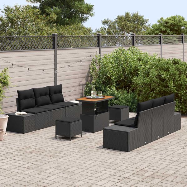 vidaXL Garden Sofa Set with Cushion 9 pcs Black Poly rattan