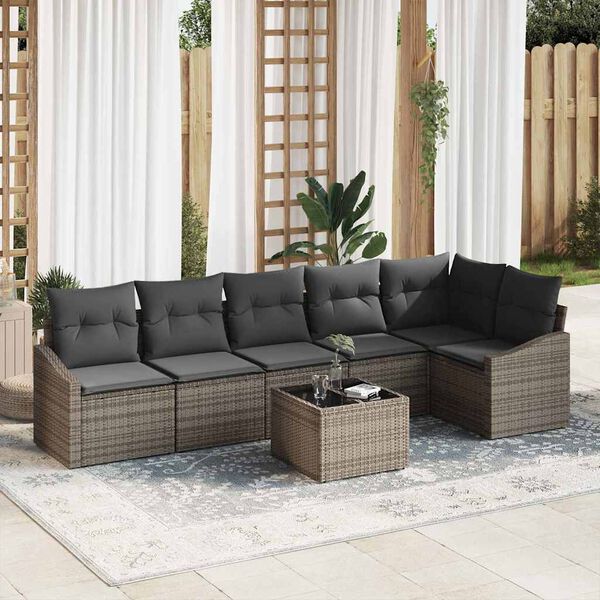 vidaXL Sofa Set with Cushion with Storage 7 pcs Light Grey Poly Rattan