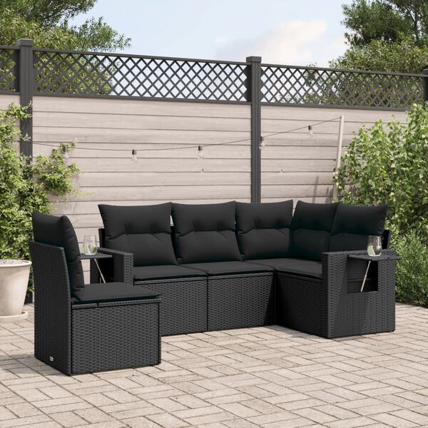 vidaXL 5 Piece Garden Sofa Set with Cushions Black Poly Rattan
