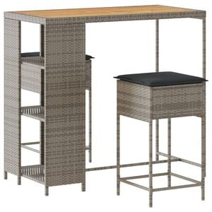 vidaXL 3 Piece Garden Bar Set with Cushions Grey Poly Rattan