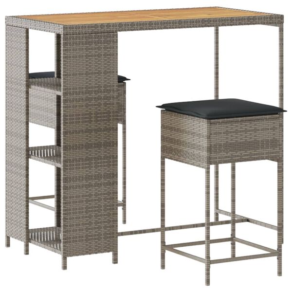 vidaXL 3 Piece Garden Bar Set with Cushions Grey Poly Rattan