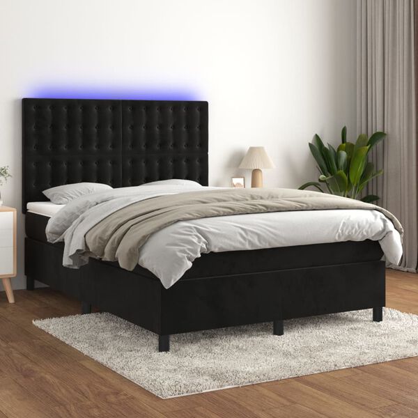 vidaXL Box Spring Bed with Mattress&LED Black 137x187 cm Double Size Velvet