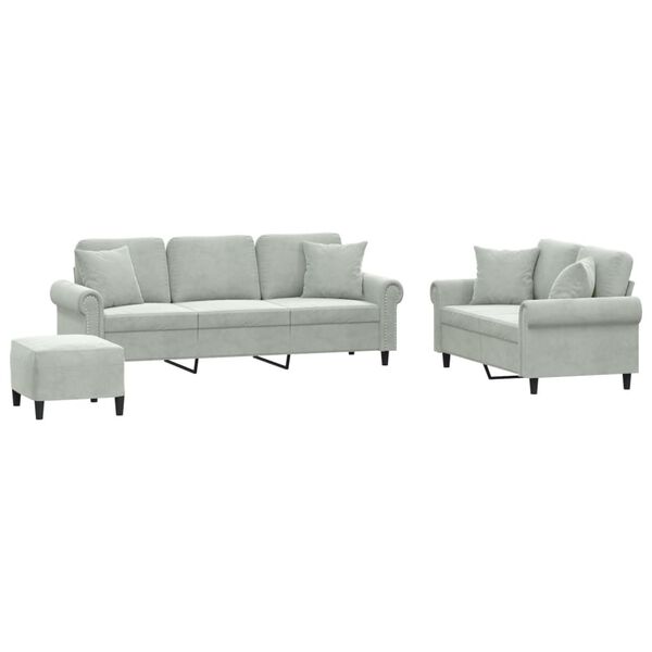 vidaXL 3 Piece Sofa Set with Pillows Light Grey Velvet
