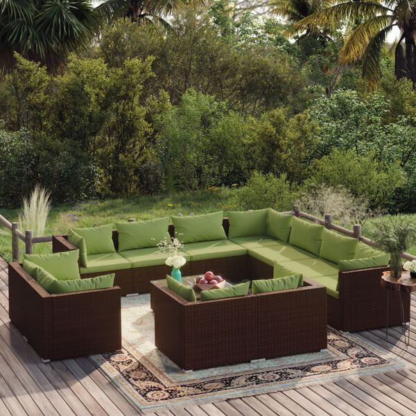 vidaXL 12 Piece Garden Lounge Set with Cushions Brown Poly Rattan