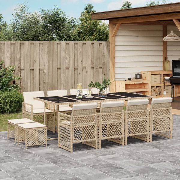 vidaXL 13 Piece Garden Dining Set with Cushions Beige Poly Rattan