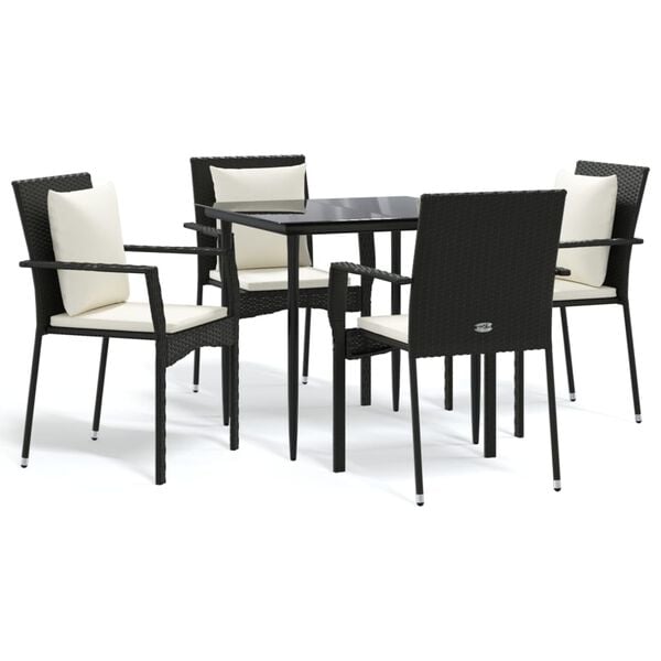 vidaXL 5 Piece Garden Dining Set with Cushions Black Poly Rattan