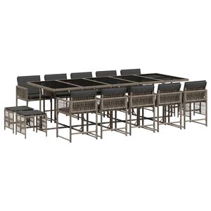 vidaXL 15 Piece Garden Dining Set with Cushions Grey Poly Rattan
