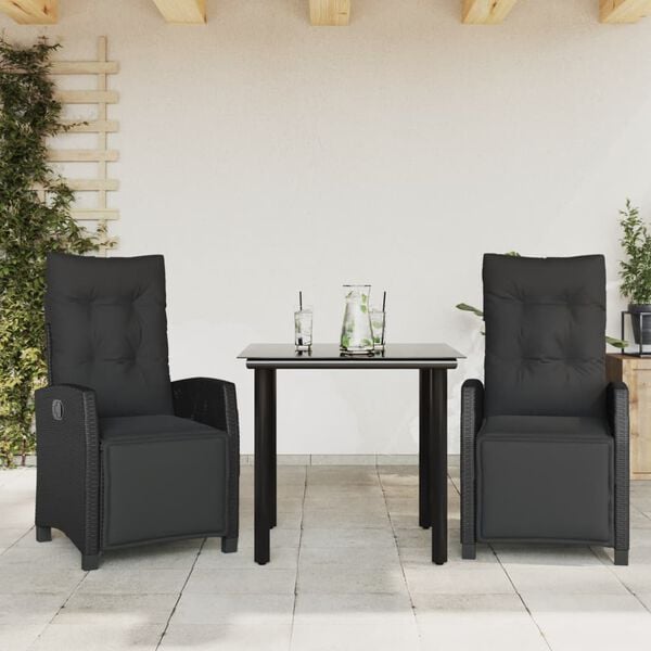 vidaXL 3 Piece Garden Dining Set with Cushions Black Poly Rattan