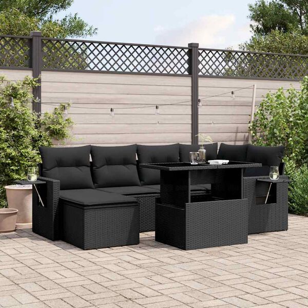 vidaXL 7 Piece Garden Sofa Set with Cushions Black Poly Rattan