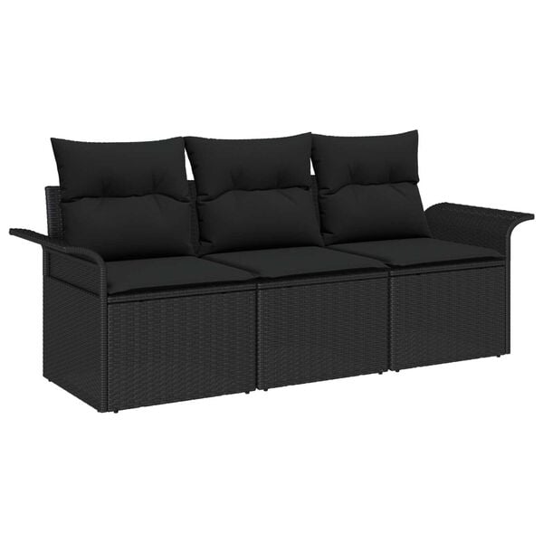 vidaXL Sofa Set with Cushion 3 pcs Black Poly Rattan