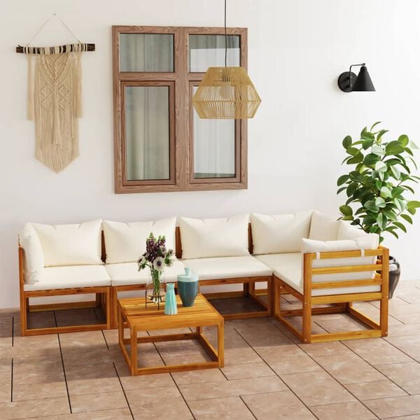 vidaXL 6 Piece Garden Lounge Set with Cushion Cream Solid Acacia Wood