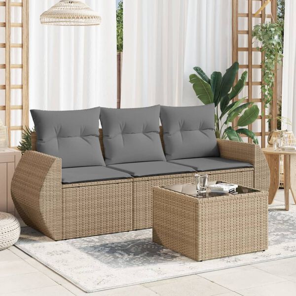vidaXL 4 Piece Garden Sofa Set with Cushions Beige Poly Rattan