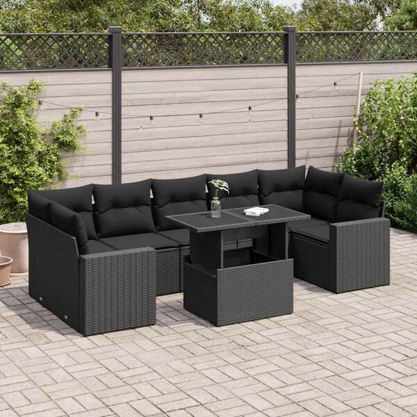 vidaXL 8 Piece Garden Sofa Set with Cushions Black Poly Rattan