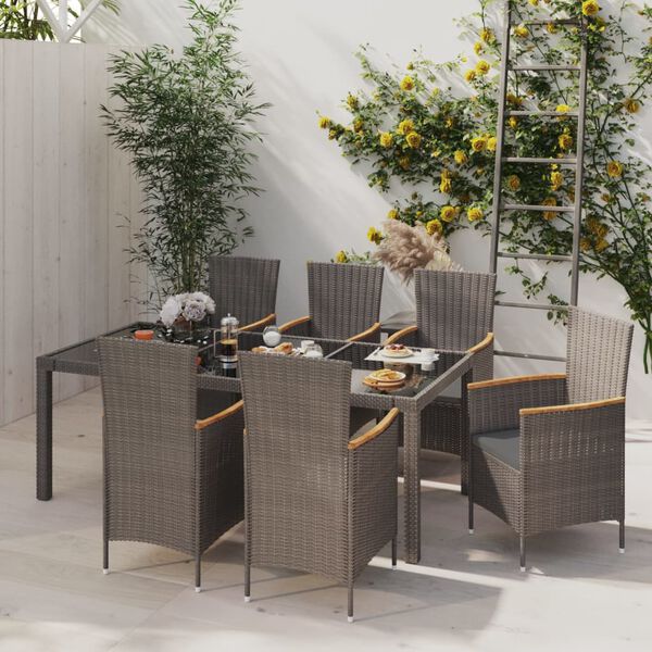 vidaXL 7 Piece Outdoor Dining Set with Cushions Poly Rattan Black and Grey