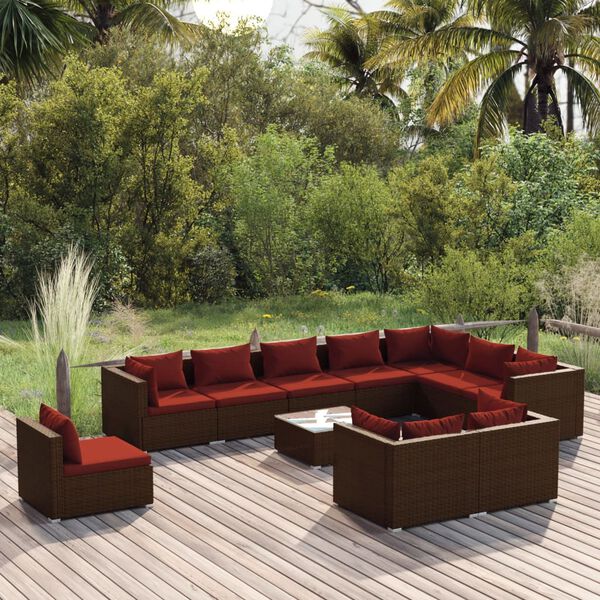 vidaXL 11 Piece Garden Lounge Set with Cushions Poly Rattan Brown